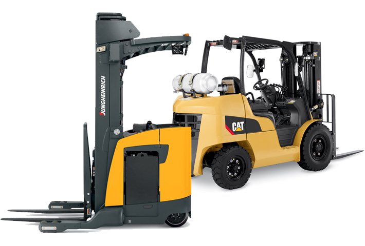 Jungheinrich and Cat forklifts side by side