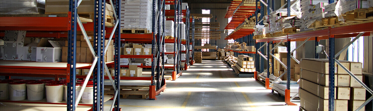 Piles of materials stacked on shelves