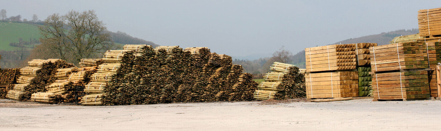 Bundles of wood next to stacks of plywood