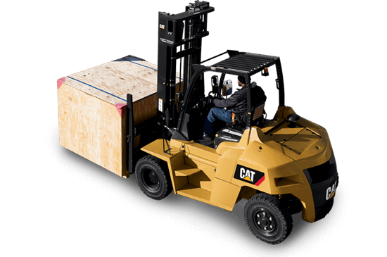Cat forklift carrying large crate