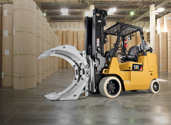 Side View of a Cat Cushion Tire Internal Combustion Forklift with Custom Forks