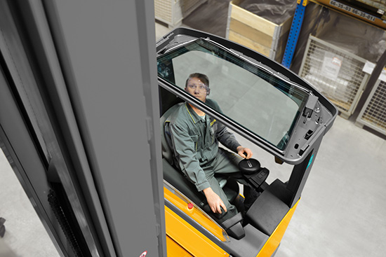 Operator Looking Up Through a Jungheinrich Reach Truck's See-Through Overhead Guard