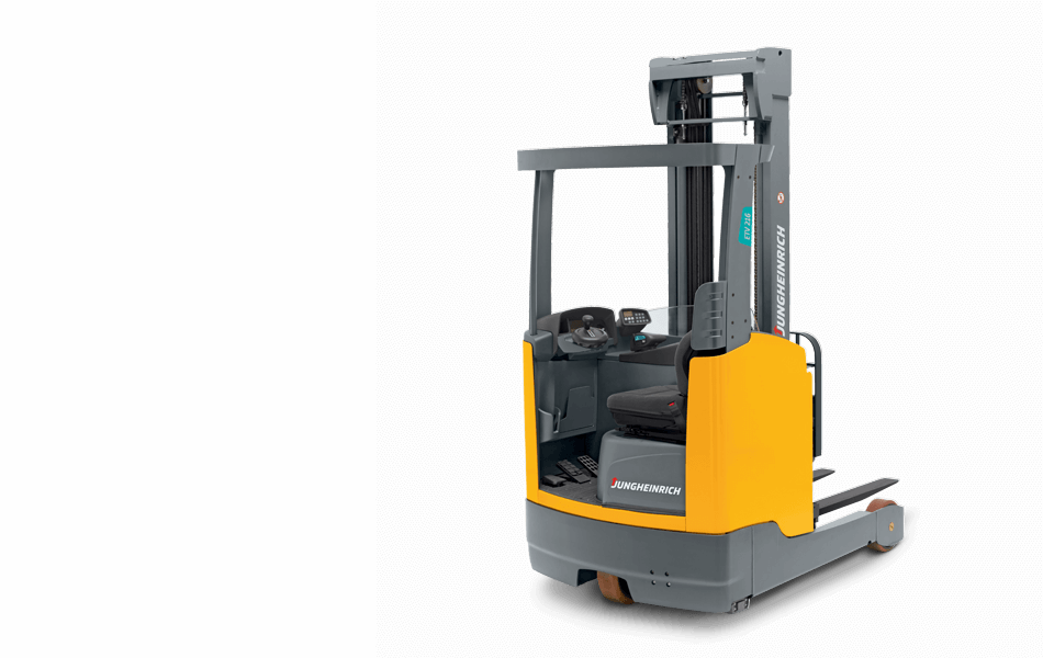 Jungheinrich sit-down moving mast reach truck against white background