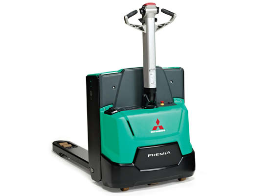 Front View of a Mitsubishi Electric Pedestrian Power Pallet Truck