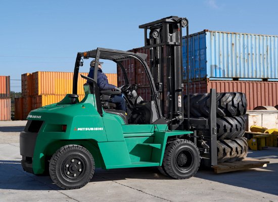 Closeup of wheel for a Mitsubishi forklift truck