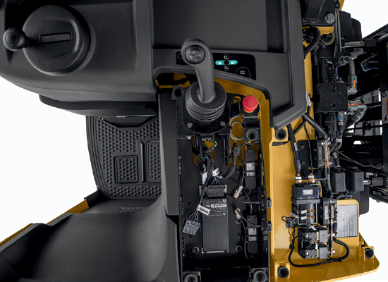 View of Mechanisms within Armrest and Chassis of a Cat Stand-up Counterbalance Forklift